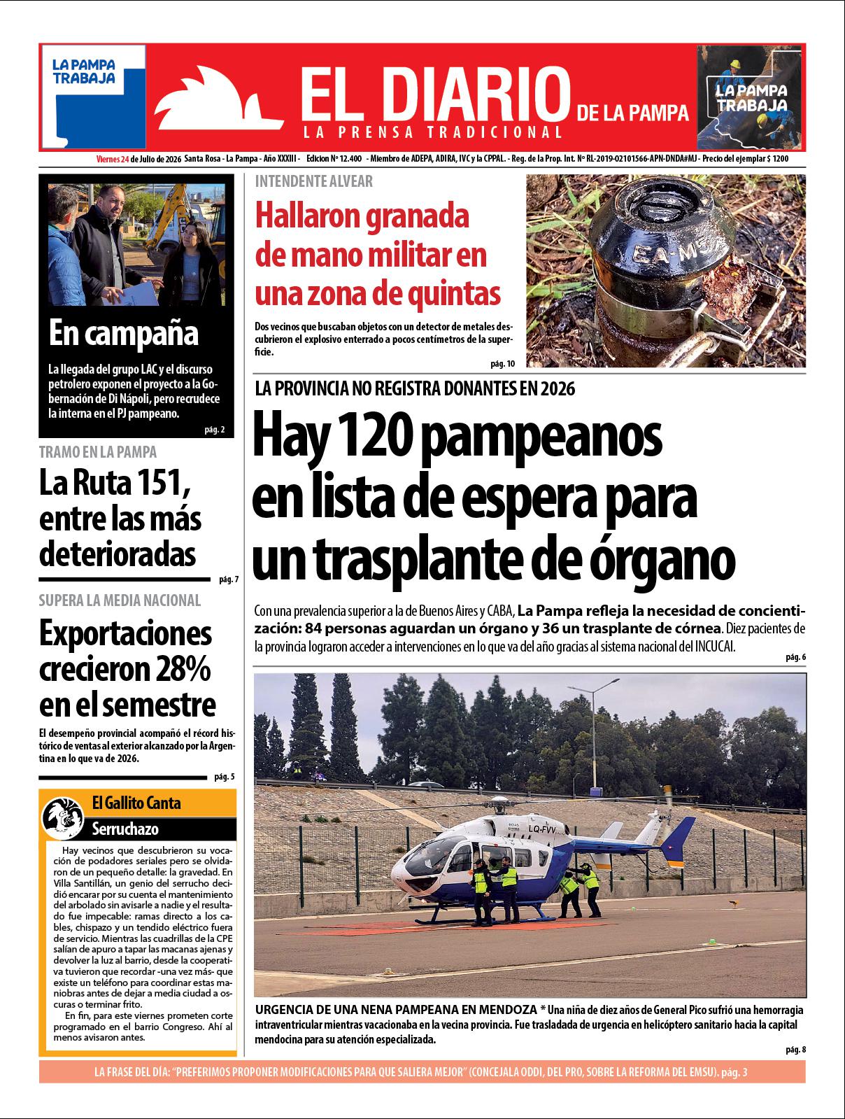 Tapa de El Diario en papel  viernes 24 de julio de 2026